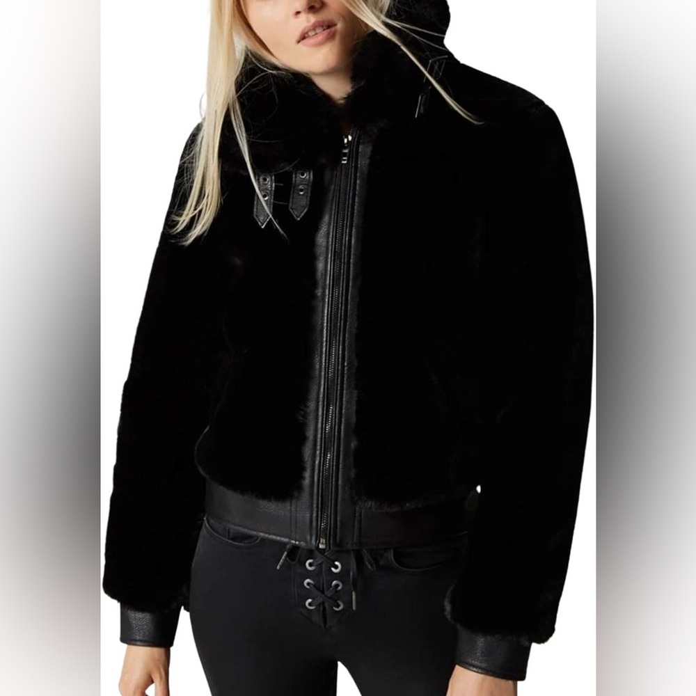 BLANK NYC Black Coat with Buckles Moto Inspired With Faux Fur Size L